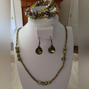 Long Green Seed Bead and Shell Necklace with Coordinating Earrings and Bracelet